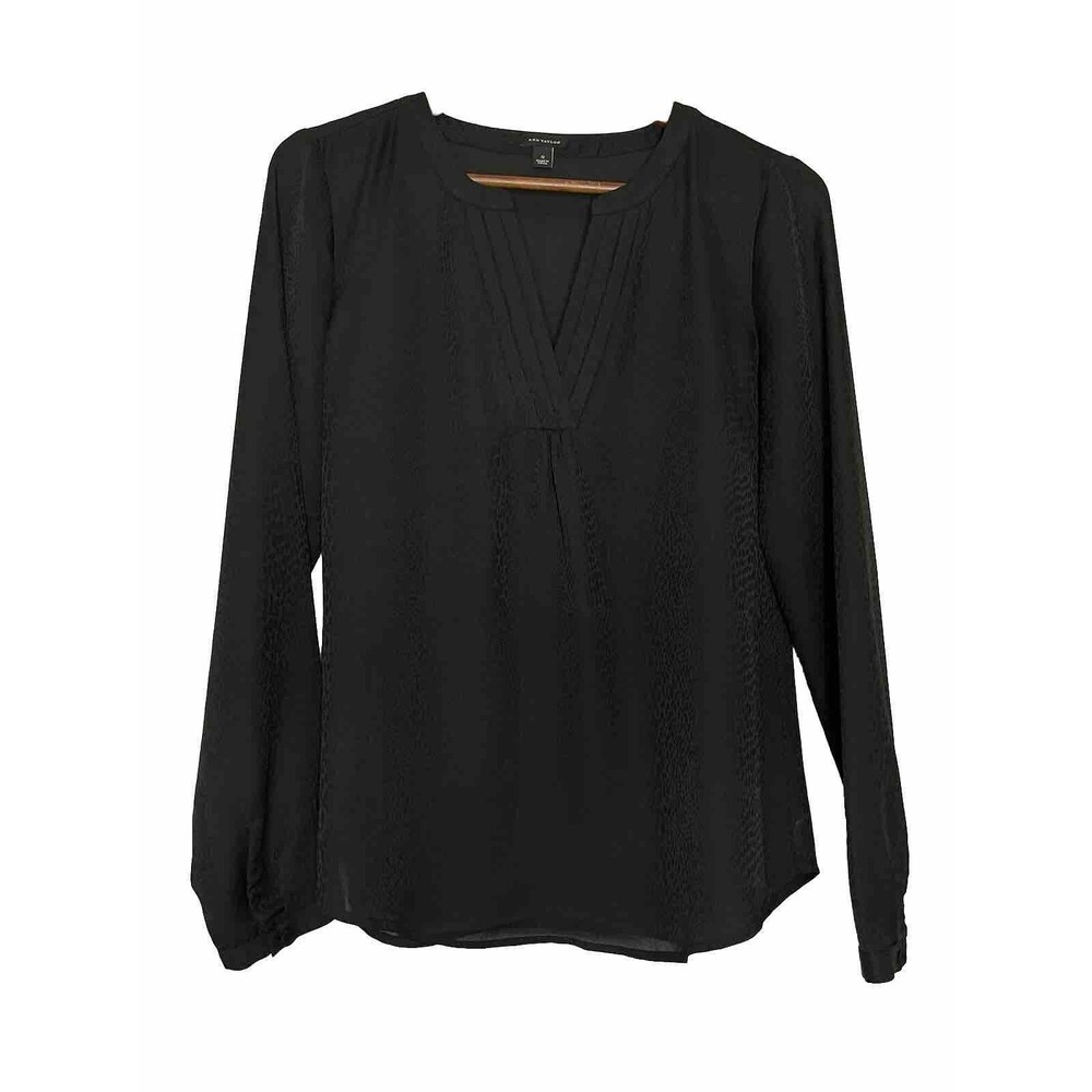 ANN TAYLOR Womens Small Long Sleeve Black Button Down Sheer Blouse Vneck Career